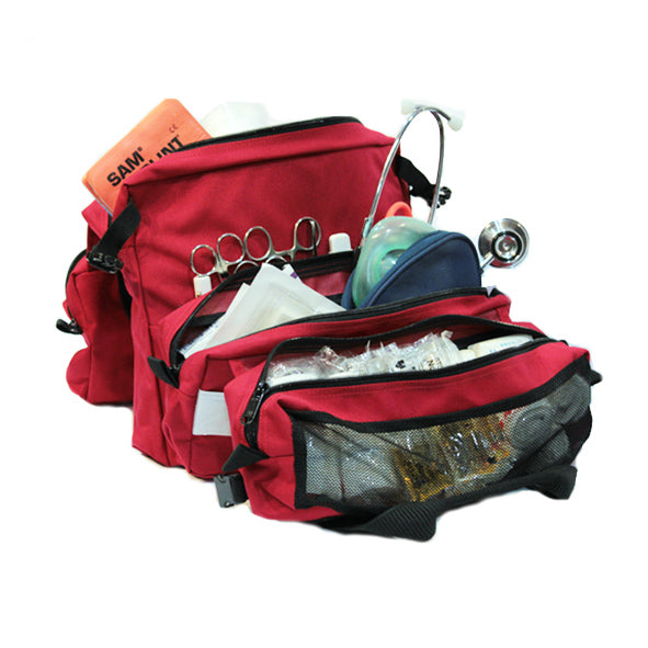 Red emergency medical bag with reflective strip, medical symbol, and multiple compartments for portable first aid use.