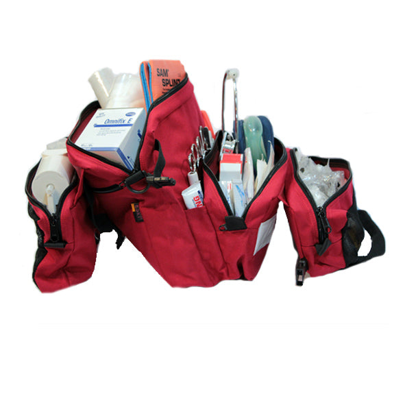 Red emergency medical bag with reflective strip, medical symbol, and multiple compartments for portable first aid use.