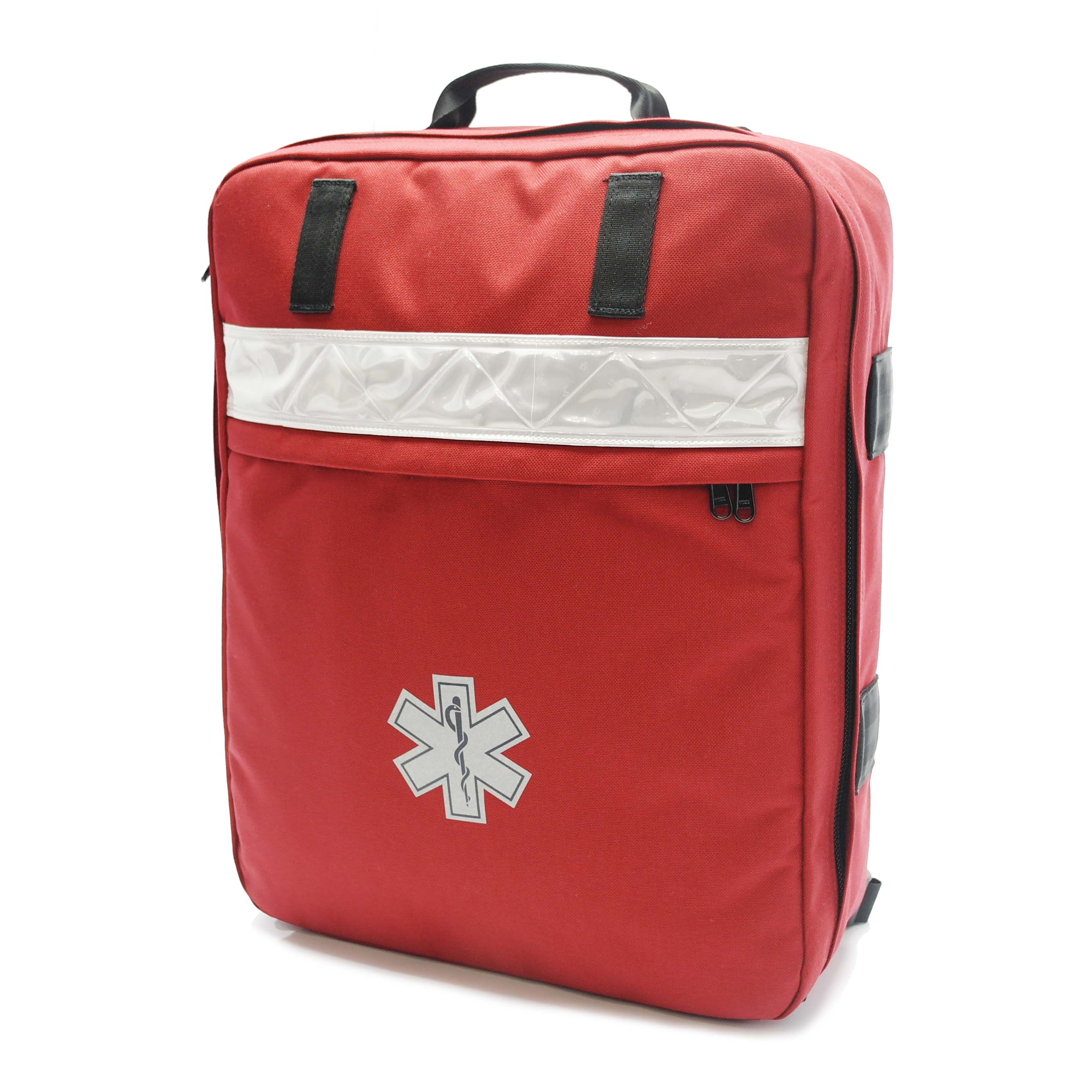 Red emergency medical backpack with reflective strip and Star of Life symbol, designed for first responders and outdoor use.