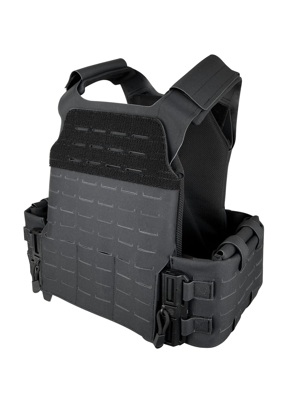 CM-HK-0830 tactical plate carrier vest in black with modular laser-cut design, adjustable straps, and Velcro patch panel for law enforcement use.