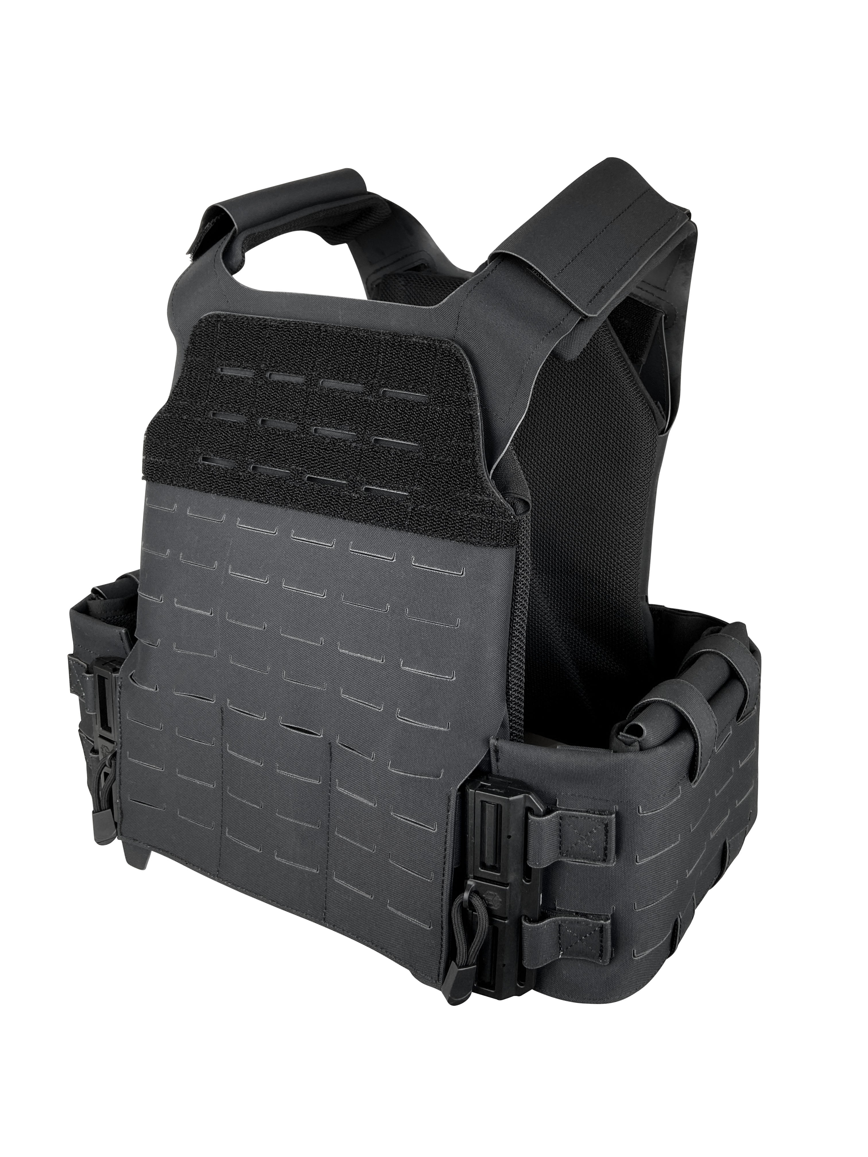 CM-HK-0830 tactical plate carrier vest in black with modular laser-cut design, adjustable straps, and Velcro patch panel for law enforcement use.