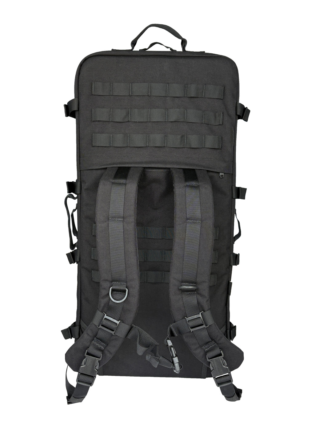 Black and grey tactical modular backpack with MOLLE webbing, ergonomic straps, and convertible carry options.
