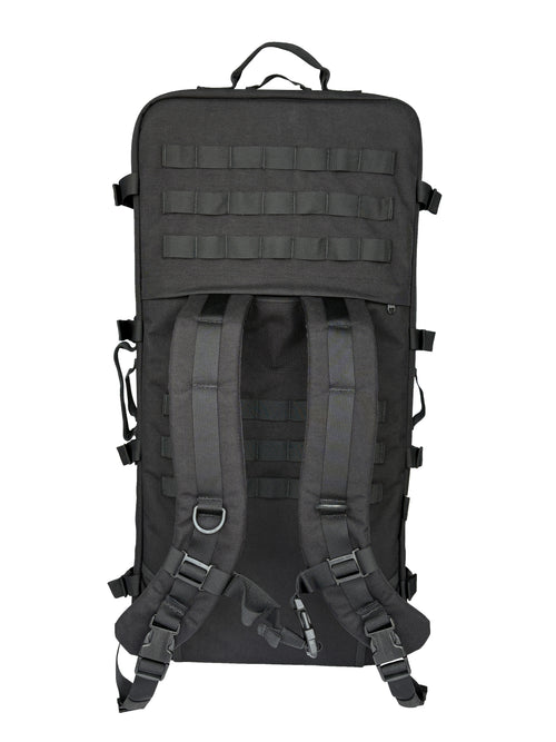 Black and grey tactical modular backpack with MOLLE webbing, ergonomic straps, and convertible carry options.