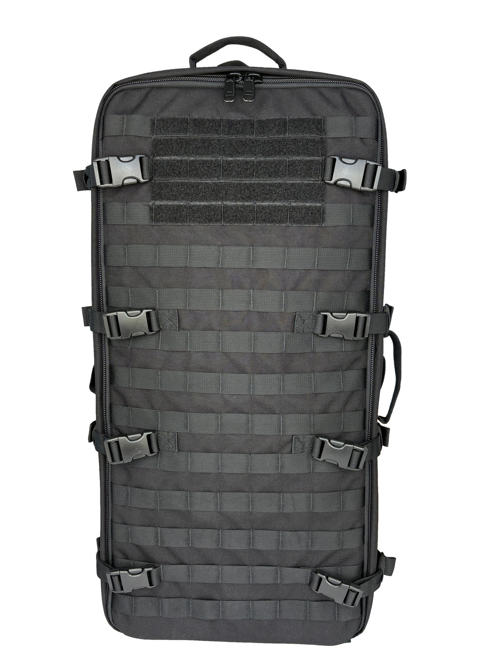 Black and grey tactical modular backpack with MOLLE webbing, ergonomic straps, and convertible carry options.