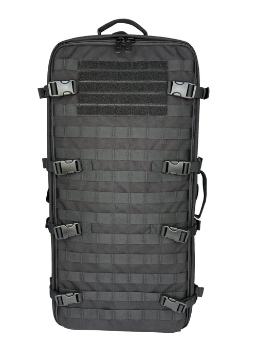 Black and grey tactical modular backpack with MOLLE webbing, ergonomic straps, and convertible carry options.