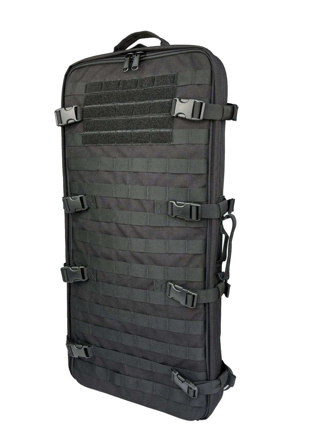 Black and grey tactical modular backpack with MOLLE webbing, ergonomic straps, and convertible carry options.