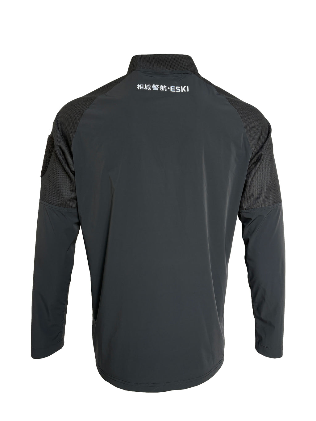 ESKI GTT-WRJ-01 quarter-zip pullover with stand-up collar, long sleeves, and quick-dry back panel. Available in blue, black, grey, and olive green. Designed for aerial operation teams.