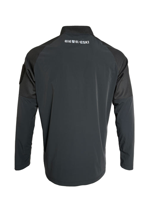 ESKI GTT-WRJ-01 quarter-zip pullover with stand-up collar, long sleeves, and quick-dry back panel. Available in blue, black, grey, and olive green. Designed for aerial operation teams.