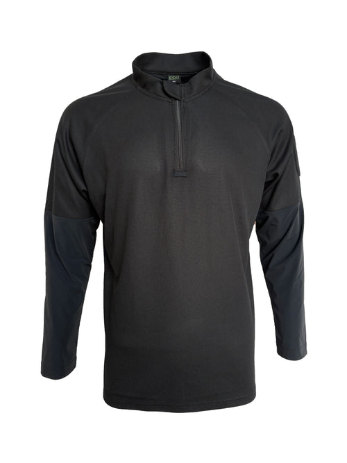 ESKI GTT-WRJ-01 quarter-zip pullover with stand-up collar, long sleeves, and quick-dry back panel. Available in blue, black, grey, and olive green. Designed for aerial operation teams.