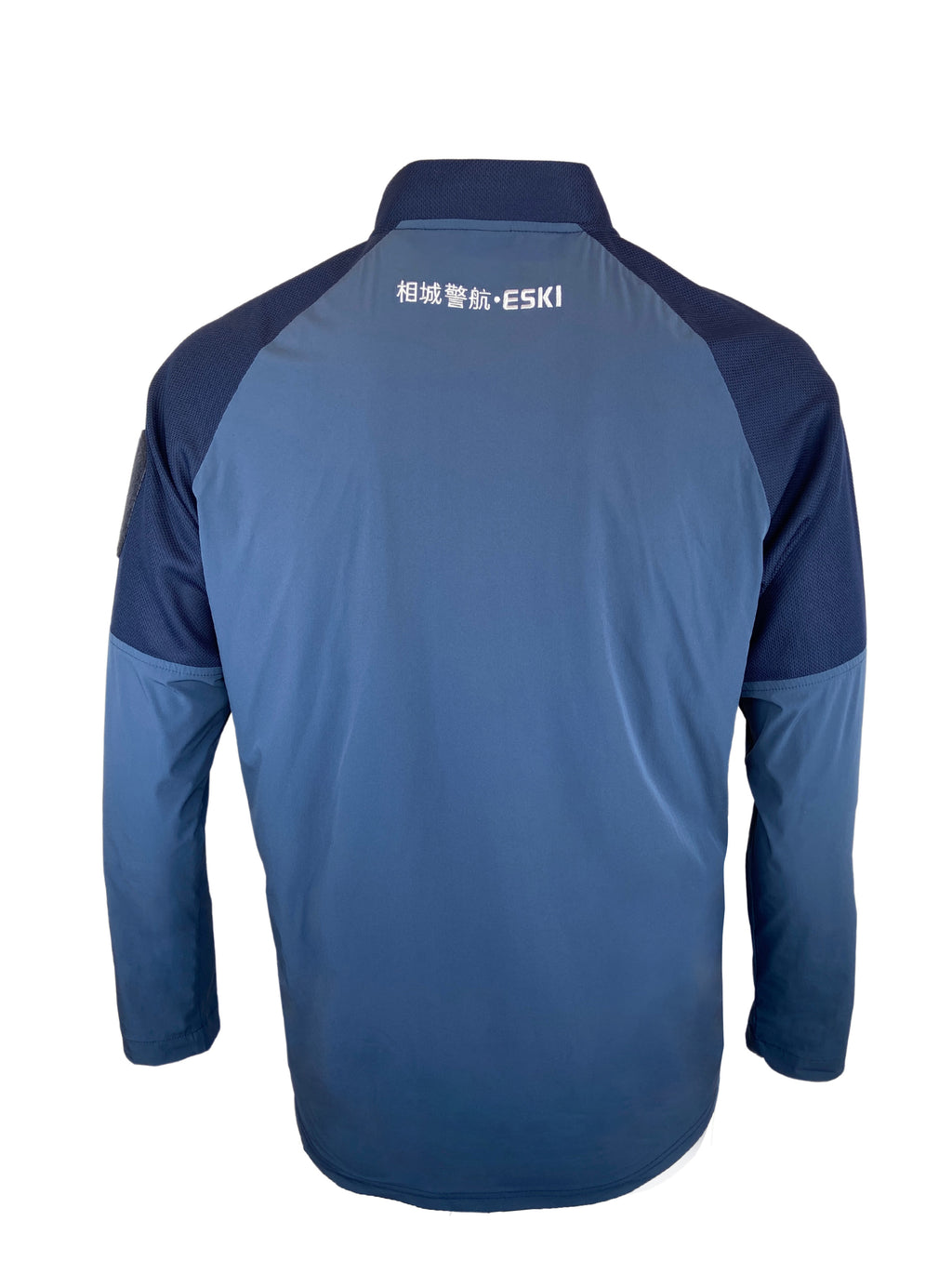 ESKI GTT-WRJ-01 quarter-zip pullover with stand-up collar, long sleeves, and quick-dry back panel. Available in blue, black, grey, and olive green. Designed for aerial operation teams.