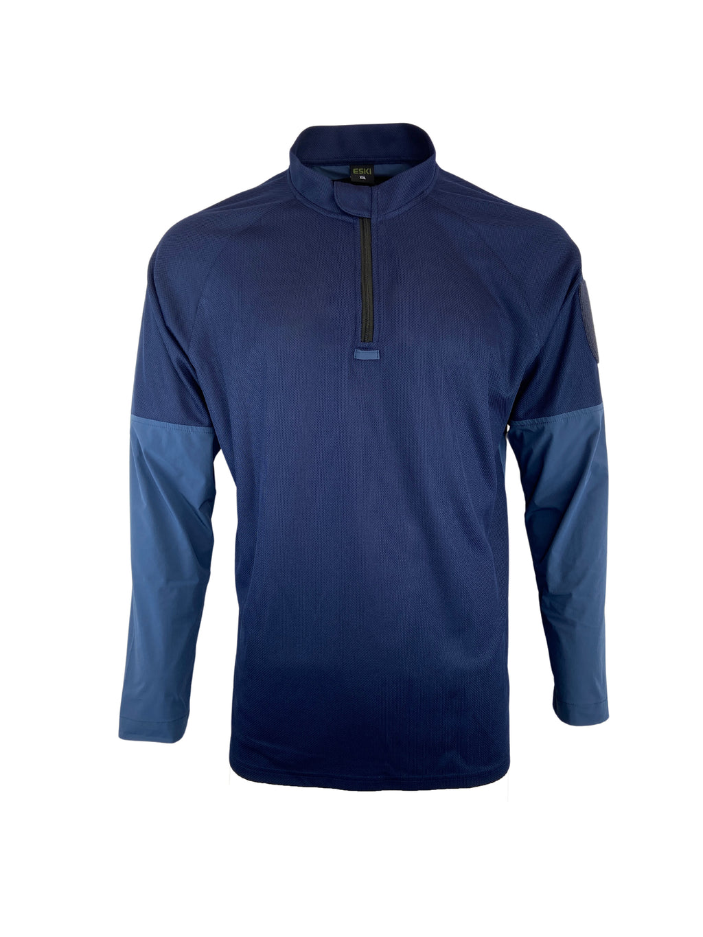 ESKI GTT-WRJ-01 quarter-zip pullover with stand-up collar, long sleeves, and quick-dry back panel. Available in blue, black, grey, and olive green. Designed for aerial operation teams.