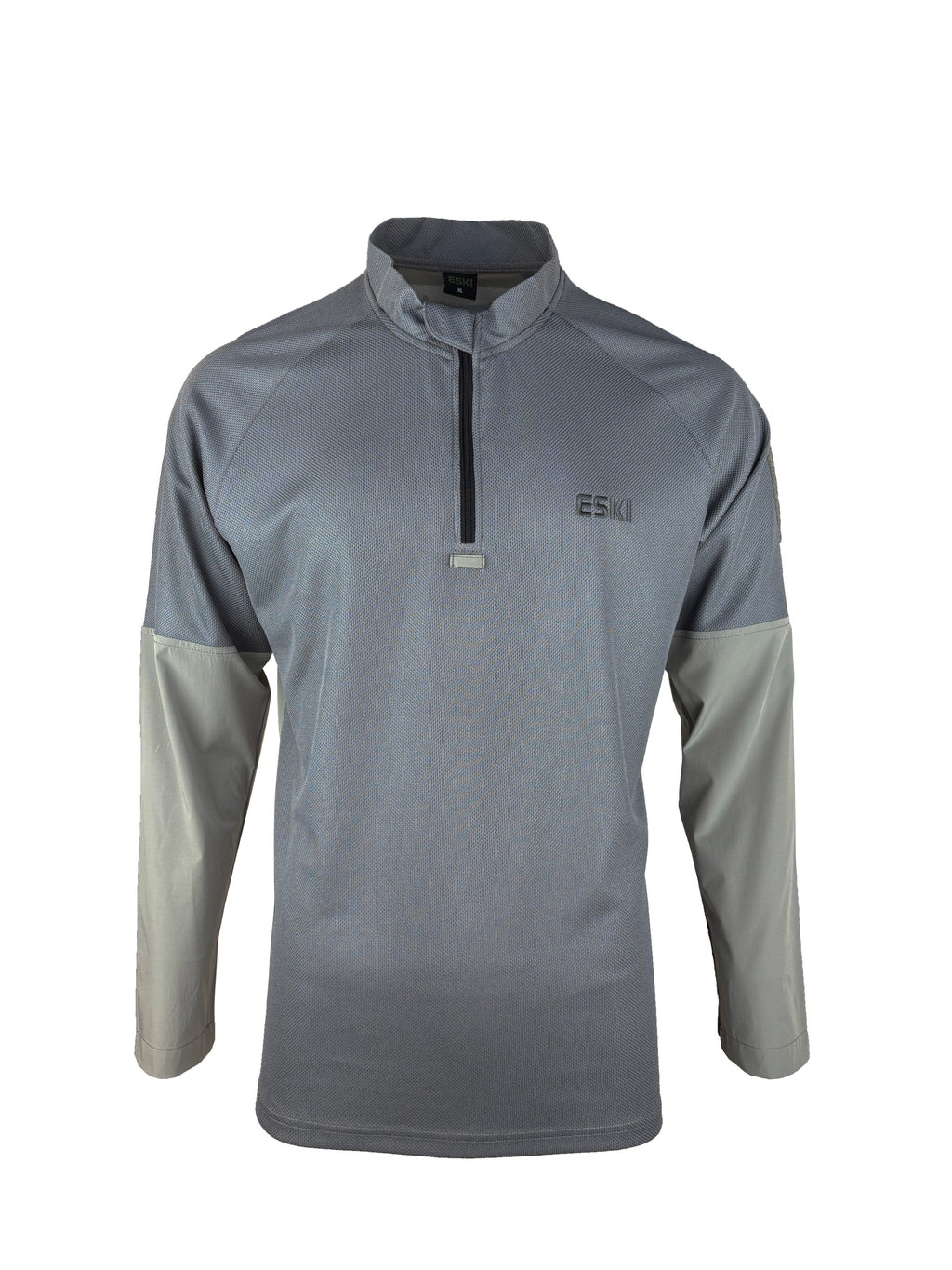ESKI GTT-WRJ-01 quarter-zip pullover with stand-up collar, long sleeves, and quick-dry back panel. Available in blue, black, grey, and olive green. Designed for aerial operation teams.