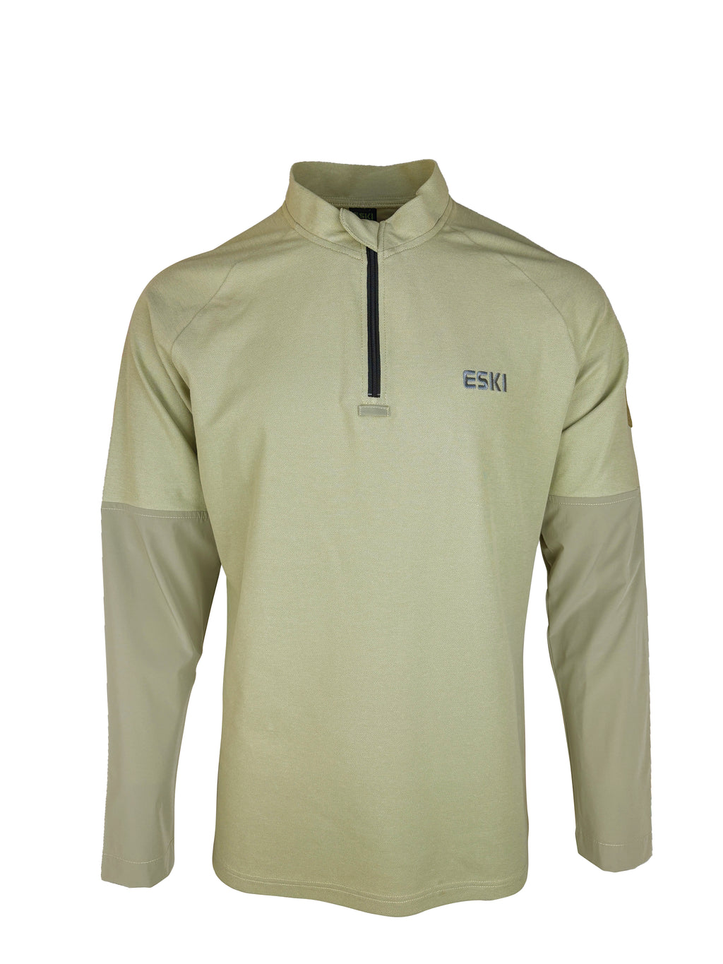 ESKI GTT-WRJ-01 quarter-zip pullover with stand-up collar, long sleeves, and quick-dry back panel. Available in blue, black, grey, and olive green. Designed for aerial operation teams.