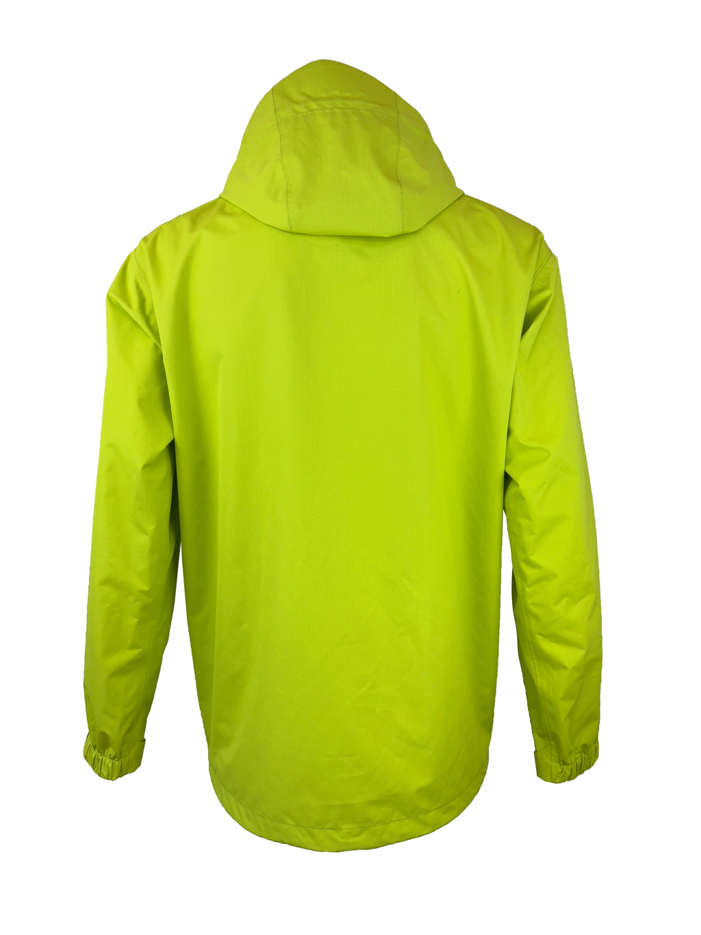 Bright yellow-green ESKI windbreaker (Model: GWR-230211) with black front zipper, attached hood, and adjustable Velcro cuffs. Designed for high visibility and lightweight outdoor protection.