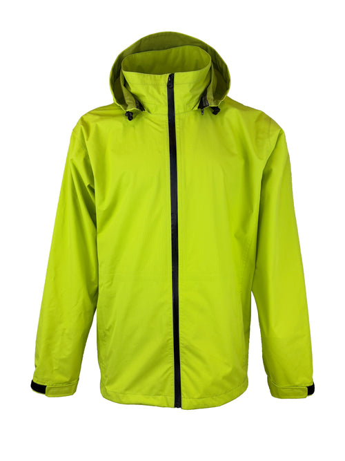 Bright yellow-green ESKI windbreaker (Model: GWR-230211) with black front zipper, attached hood, and adjustable Velcro cuffs. Designed for high visibility and lightweight outdoor protection.