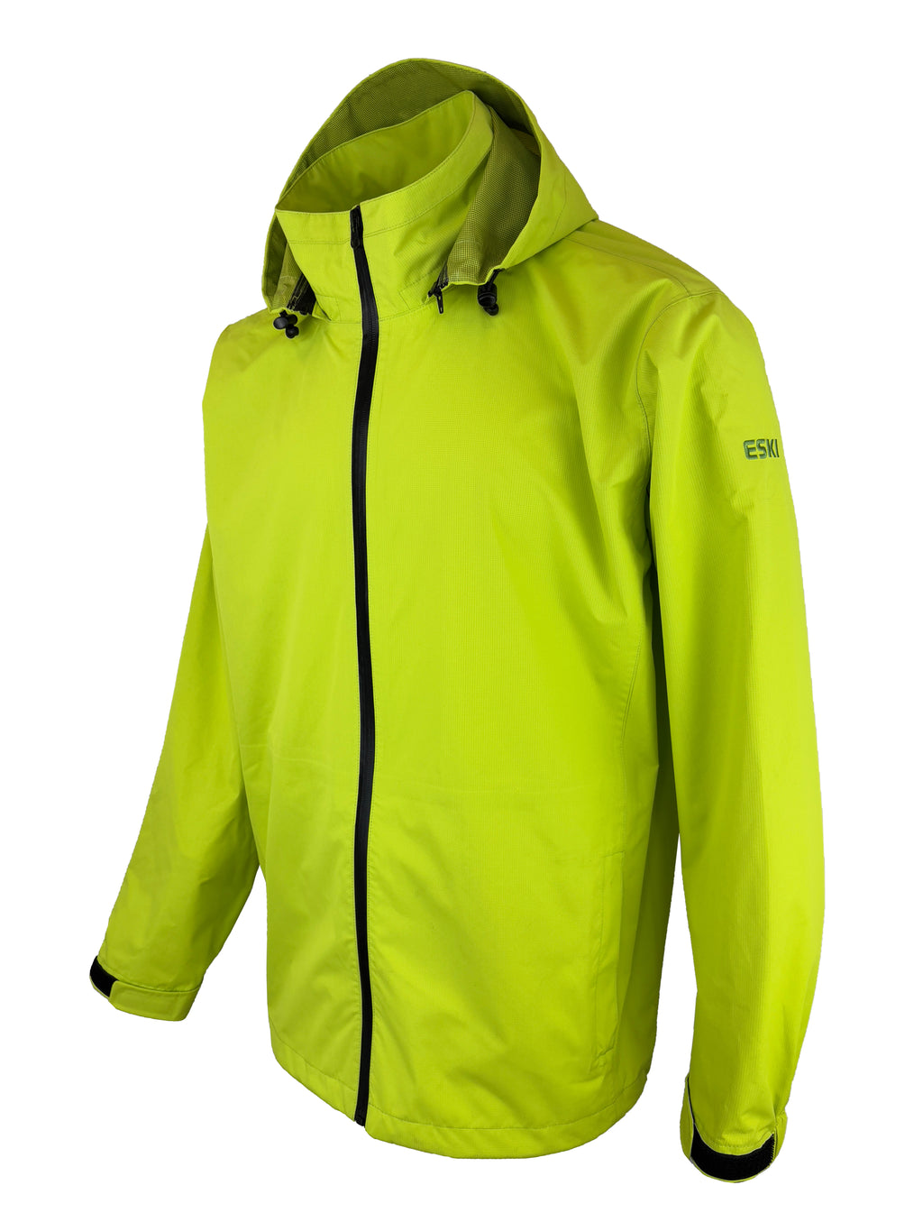 Bright yellow-green ESKI windbreaker (Model: GWR-230211) with black front zipper, attached hood, and adjustable Velcro cuffs. Designed for high visibility and lightweight outdoor protection.