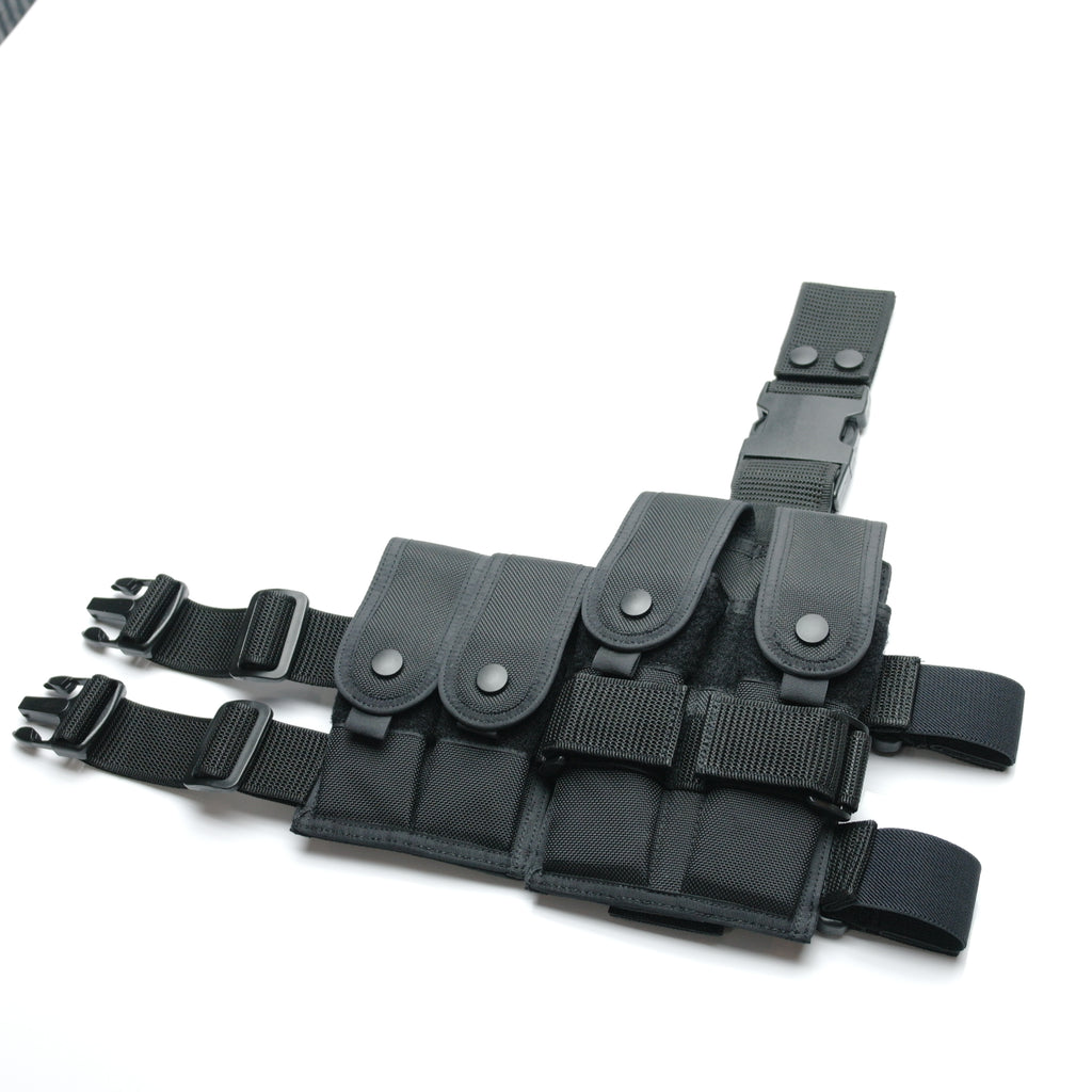 Black ESKI LP-14C tactical leg pouch holding 2 MP5 magazines and 2 pistol magazines, made of durable nylon with adjustable straps.