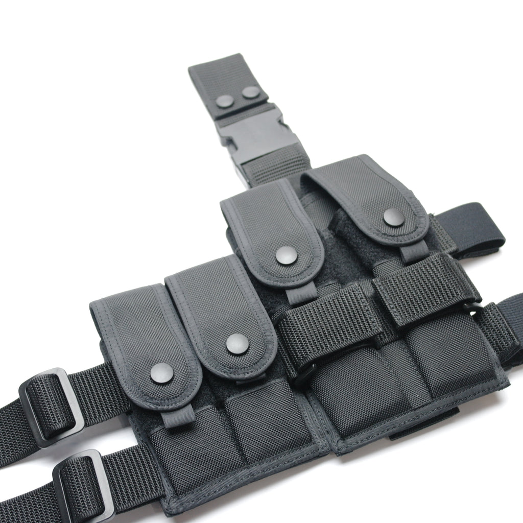 ESKI LP-14C black nylon leg pouch for 2 MP5 and 2 pistol magazines, tactical gear with adjustable straps.