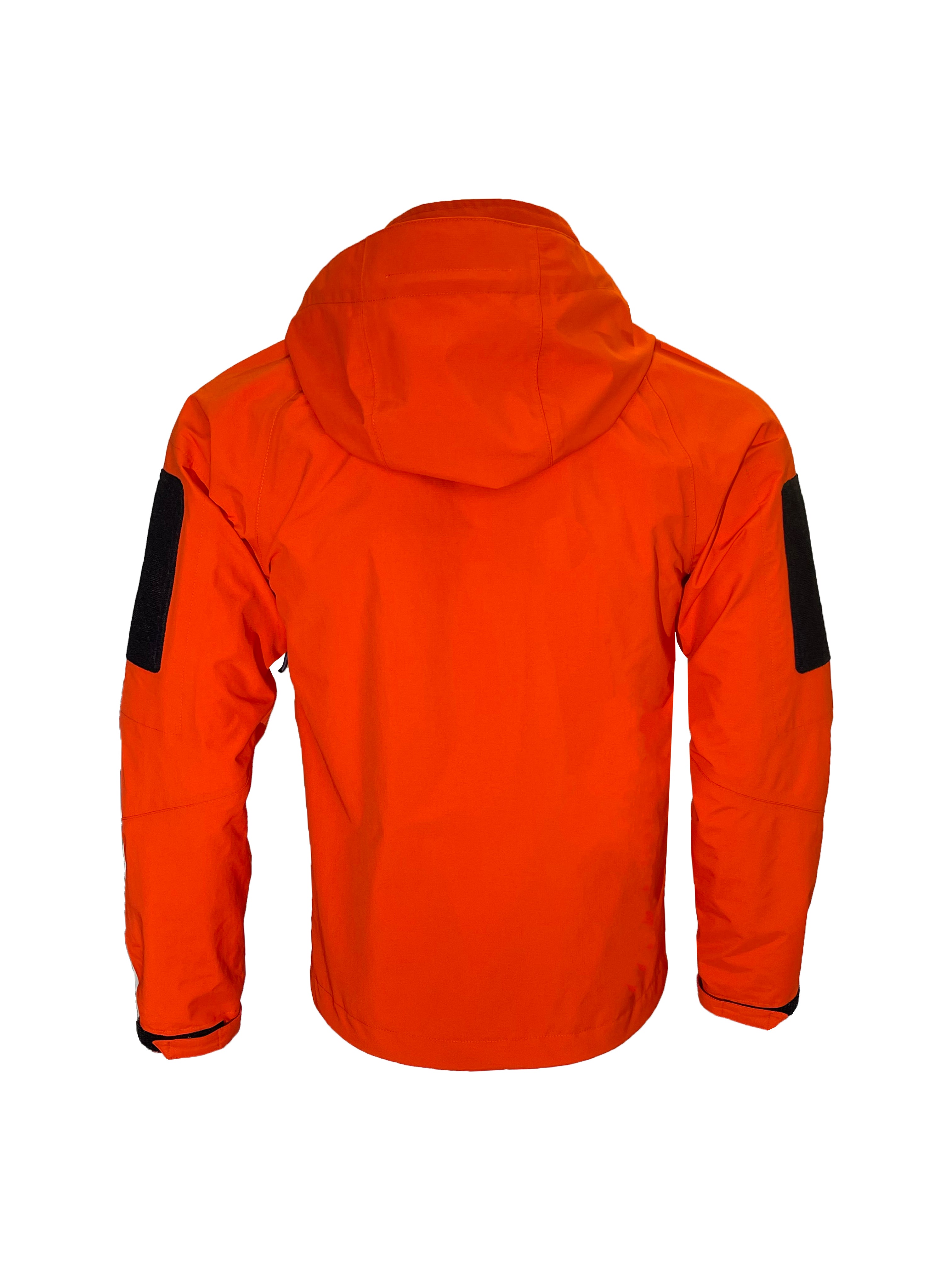 Orange ESKI outdoor jacket with silver reflective vertical stripe, zippered chest and sleeve pockets, hood, elastic cuffs, and printed branding including “Professional Toughness Quality” on the sleeve.
