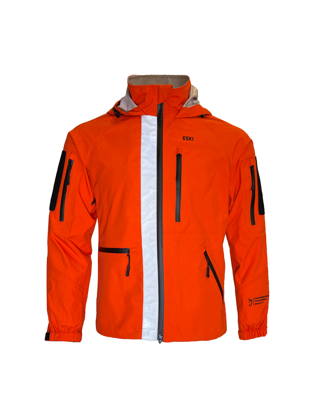 Orange ESKI outdoor jacket with silver reflective vertical stripe, zippered chest and sleeve pockets, hood, elastic cuffs, and printed branding including “Professional Toughness Quality” on the sleeve.