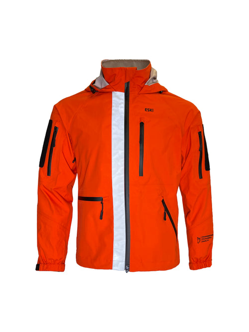 Orange ESKI outdoor jacket with silver reflective vertical stripe, zippered chest and sleeve pockets, hood, elastic cuffs, and printed branding including “Professional Toughness Quality” on the sleeve.