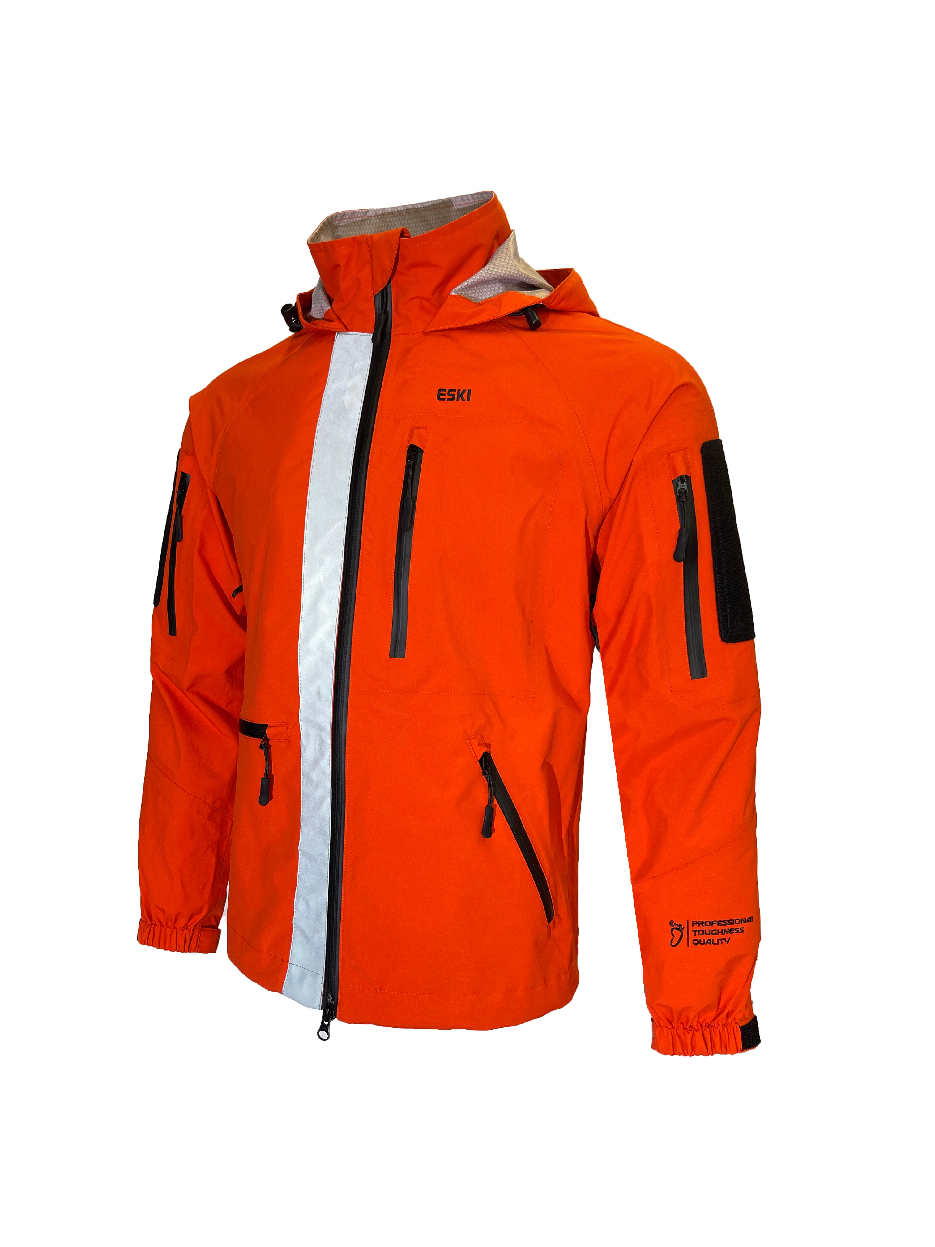 Orange ESKI outdoor jacket with silver reflective vertical stripe, zippered chest and sleeve pockets, hood, elastic cuffs, and printed branding including “Professional Toughness Quality” on the sleeve.