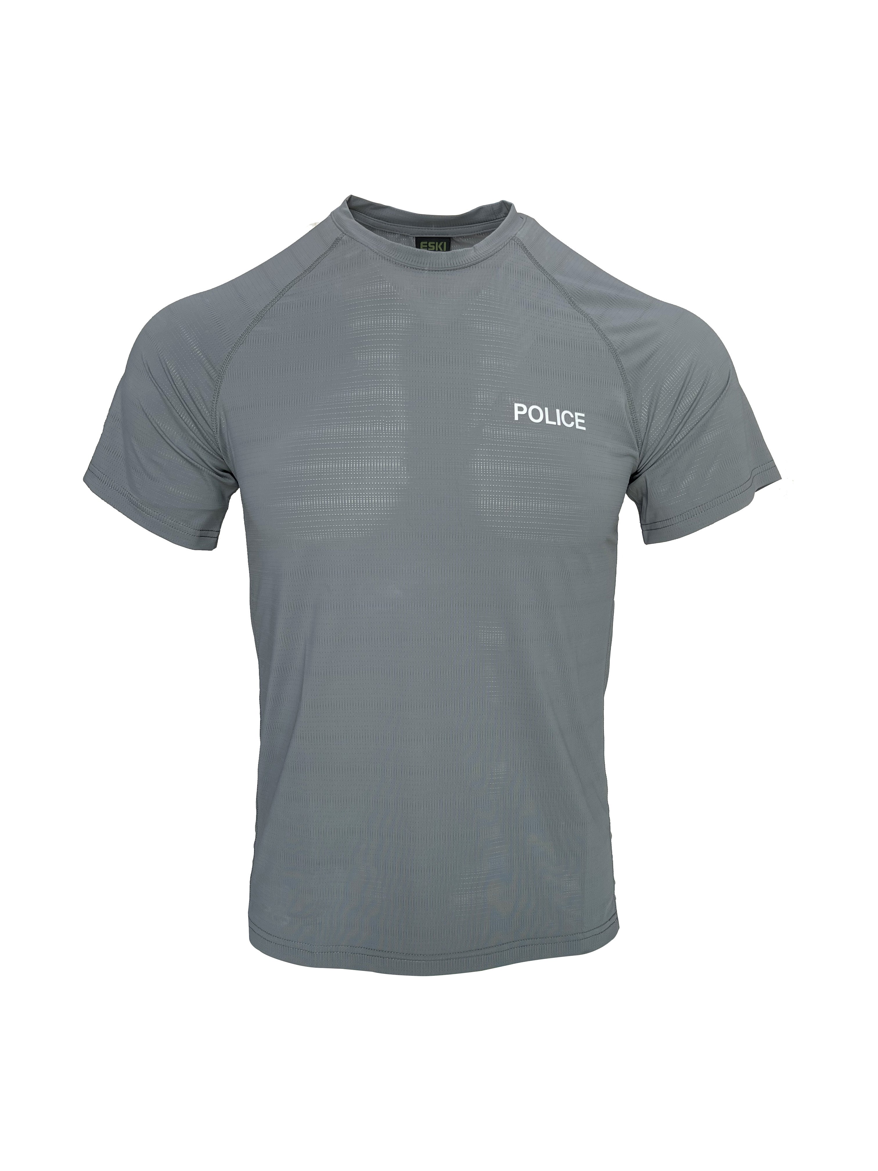 Front view of ESKI Quick-Dry Police T-Shirt – gray short-sleeved shirt with POLICE print