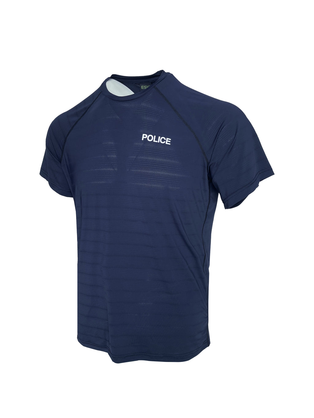 Side view of ESKI Quick-Dry Police T-Shirt – blue short-sleeved shirt with POLICE print