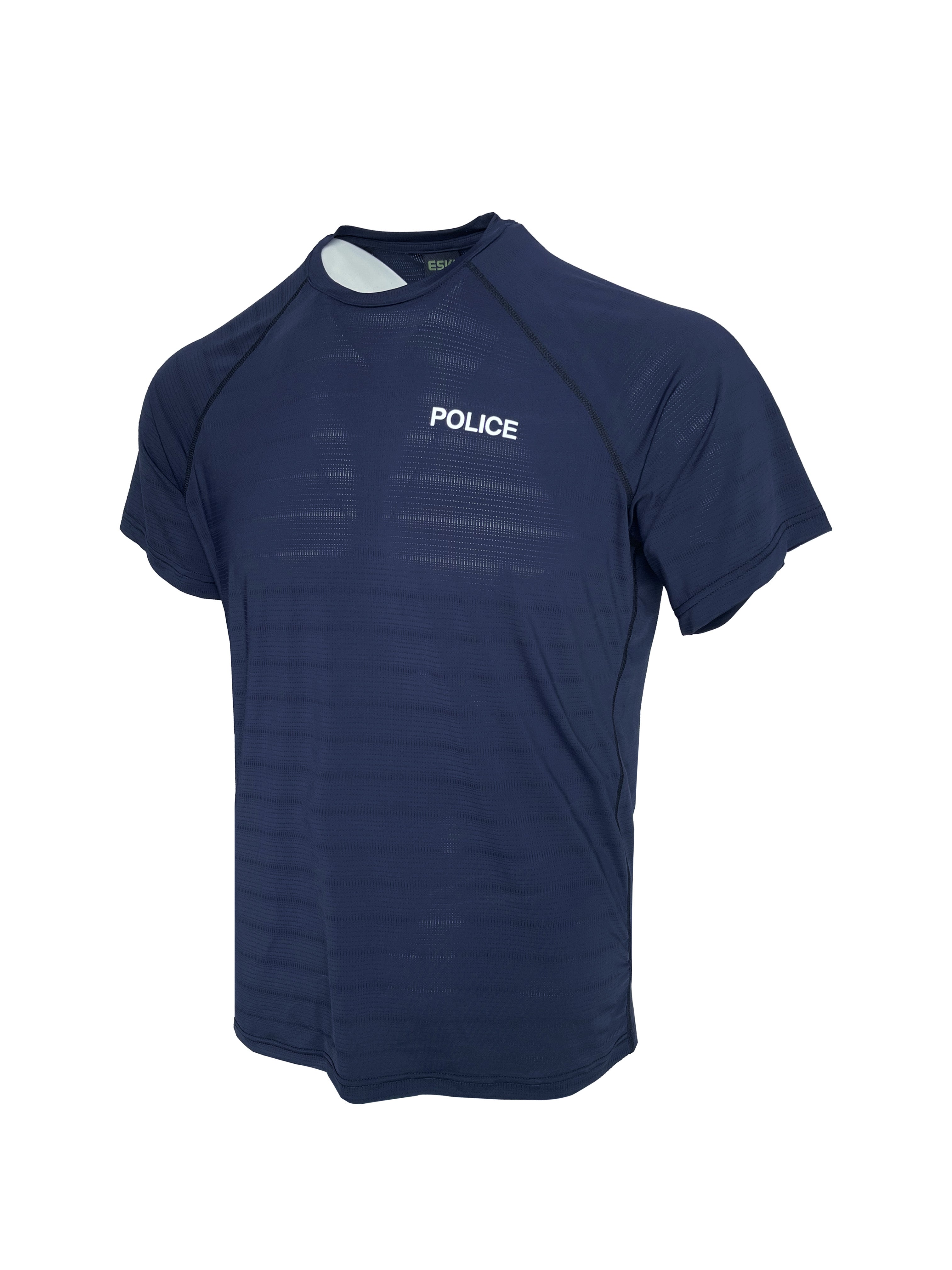 Side view of ESKI Quick-Dry Police T-Shirt – blue short-sleeved shirt with POLICE print