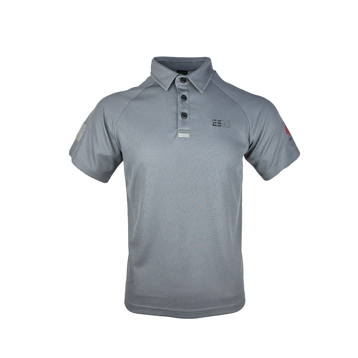 Front view of ESKI Tactical Polo GPS-230513 – two-tone gray design with breathable back panel and sleeve patches