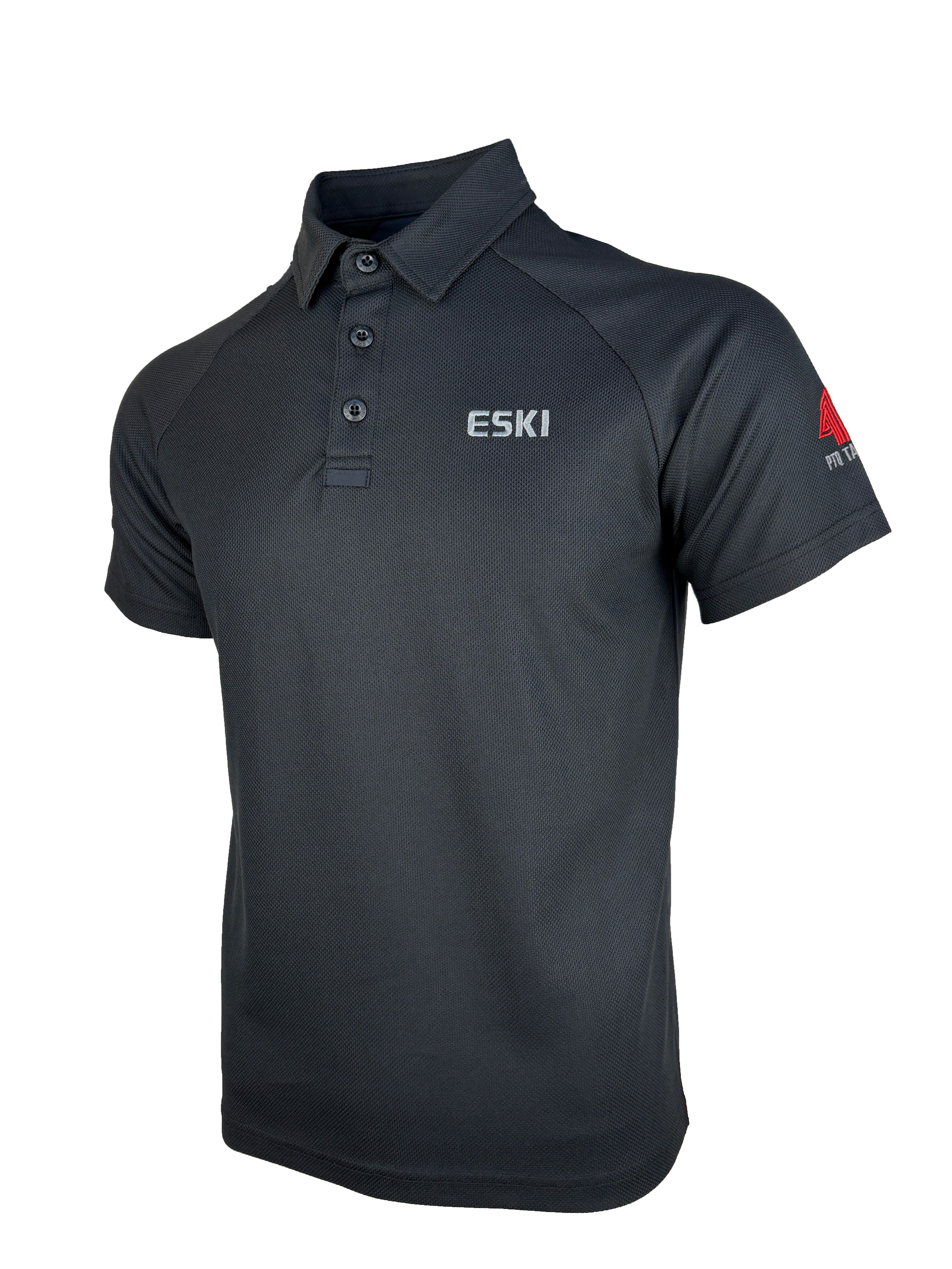Side view of ESKI Tactical Polo GPS-230513 – two-tone gray design with breathable back panel and sleeve patches