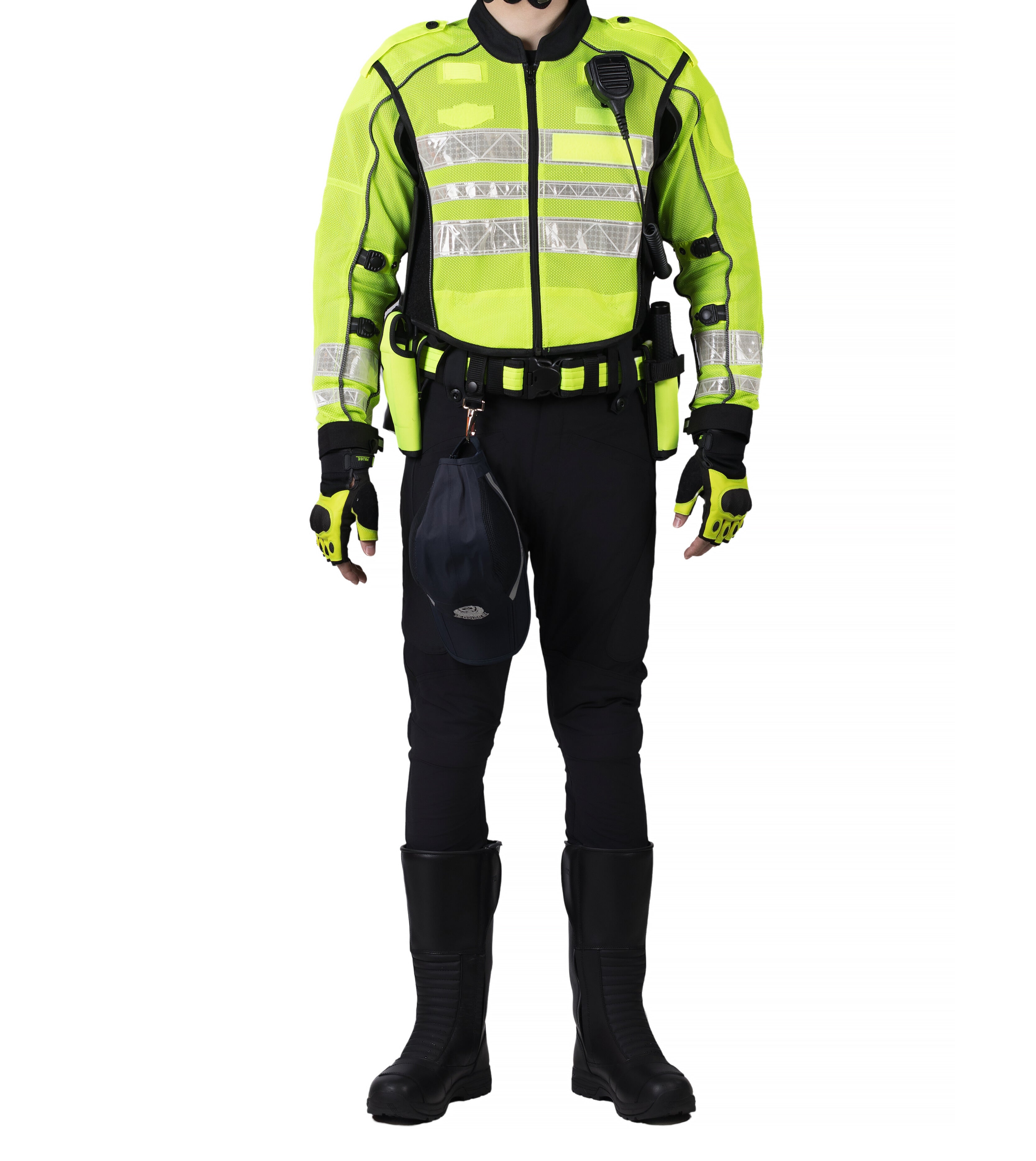 Person wearing a bright yellow high-visibility safety jacket with reflective strips, black pants, boots, gloves, and a radio clipped to the chest. Includes multiple pockets and a belt pouch, suitable for law enforcement or emergency personnel in high-traffic or hazardous environments.