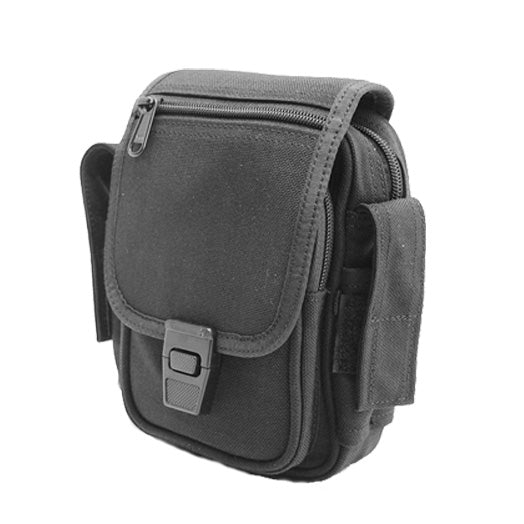 Black tactical first aid waist bag with buckle closure, multiple compartments, and Cordura 1000D construction



