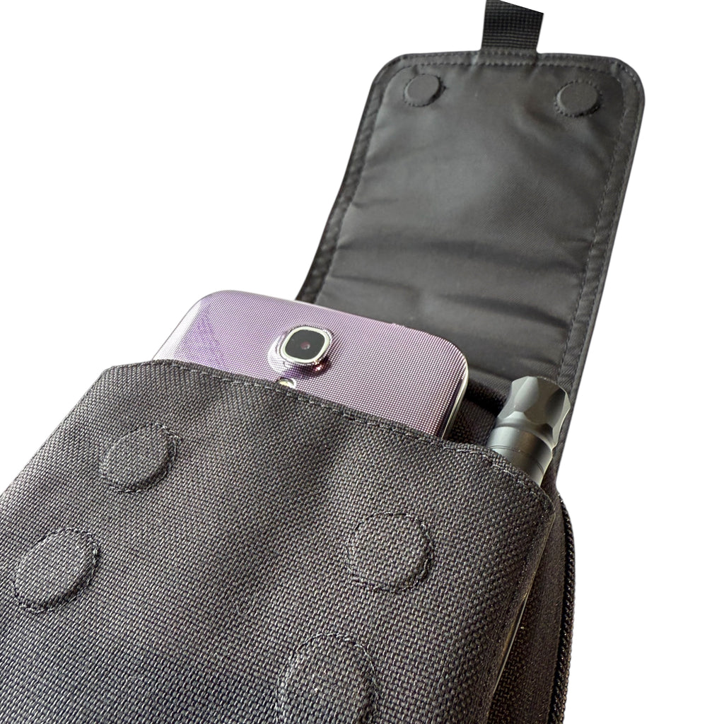 Black tactical waist bag made from DuPont Cordura® 1000D fabric, featuring zippered compartments, magnetic flap closure, and dual-lock waist strap — ideal for military, police, and outdoor gear suppliers.