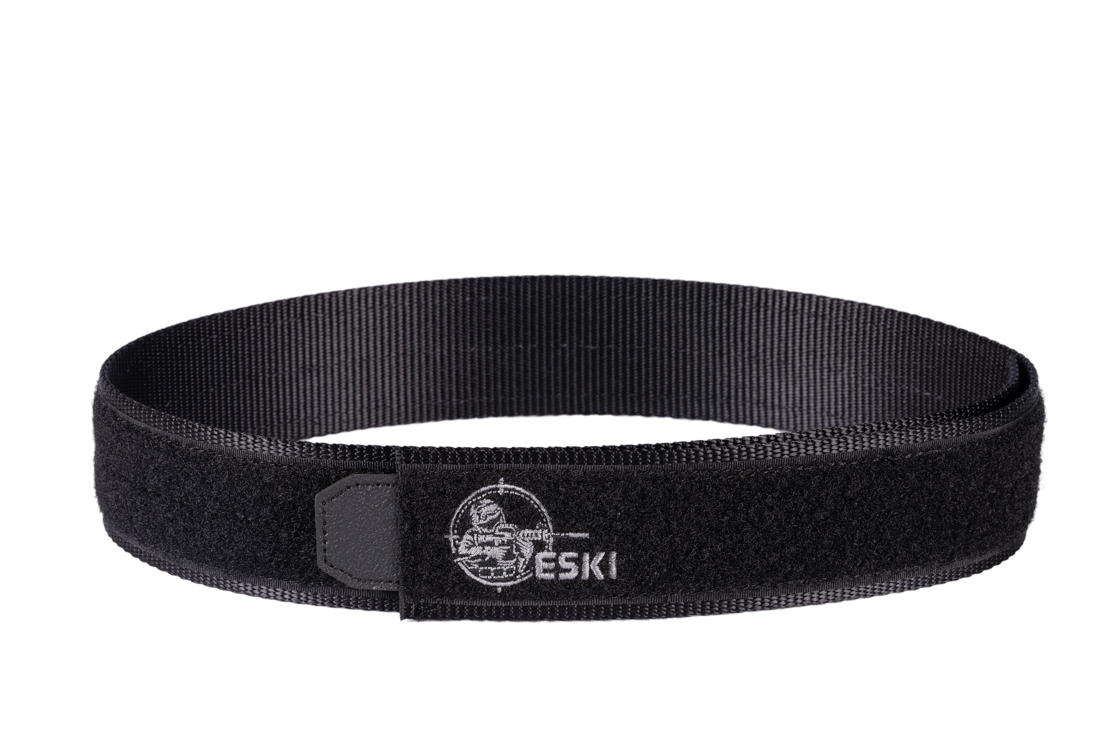 Black tactical utility belt made of durable nylon with Velcro strap and a patch displaying the "ESKI" logo featuring a globe design. Commonly used in military, law enforcement, or outdoor activities for secure gear carrying.
